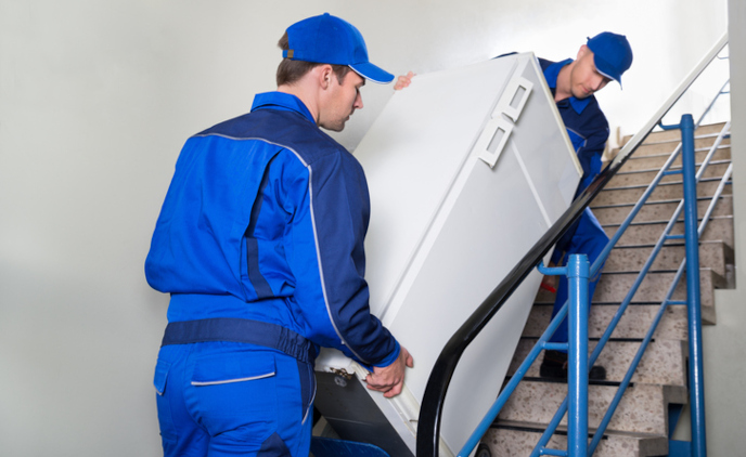 Two professionals move a refrigerator down the stairs