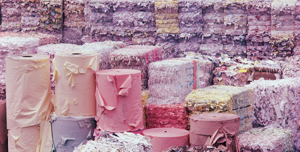 Paper and cardboard is baled and sent to paper mills