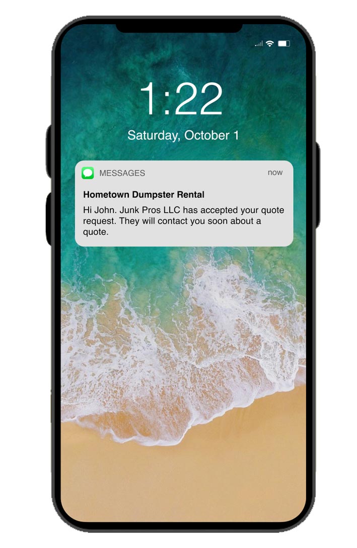 dumpster rental service provider text message example