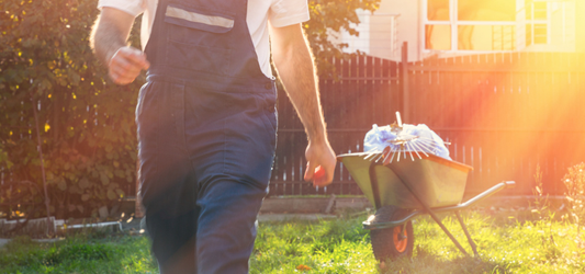 Junk removal worker collecting yard waste in wheelbarrow