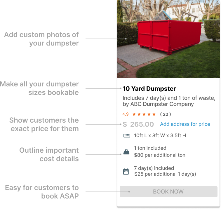 Booked Jobs customizable dumpster listing